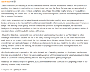 Couple's review of DJ JAS for a wedding at the Four Seasons Biltmore, Santa Barbara