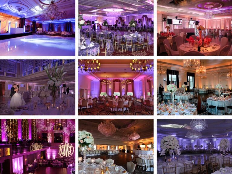 Collage of colored wedding up-lighting looks in purple, pink, blue and amber