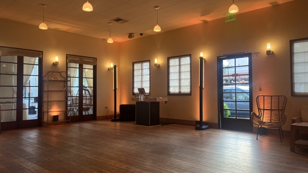 Warm amber up-lighting at Villa & Vine, Santa Barbara, by DJ JAS